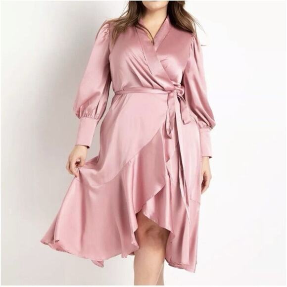 Eloquii Rose Satin Wrap Midi Dress - Picture 2 of 13